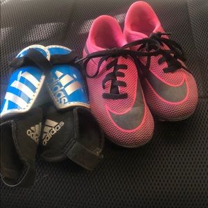 Girls Nike soccer shoes and adidas shin guards